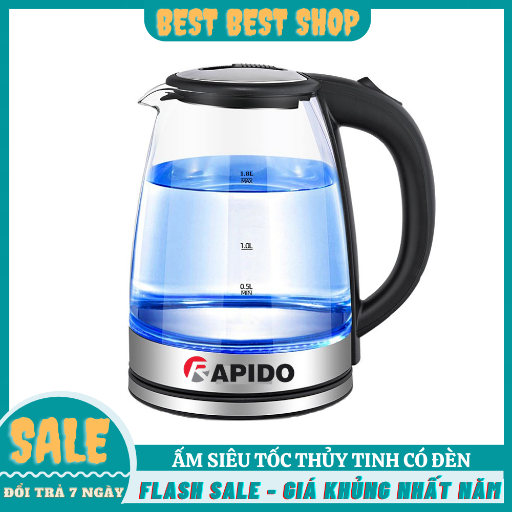 Bình Đun Nước Siêu Tốc Rapido RK1818  (1.8 Lít) Báo Đèn Sáng Khi Nấu - Ấm Điện Đun Nước Thủy Tinh Rapido RK1818 , Ấm Siêu Tốc,Ấm Đun Nước,Binh Siêu Tốc