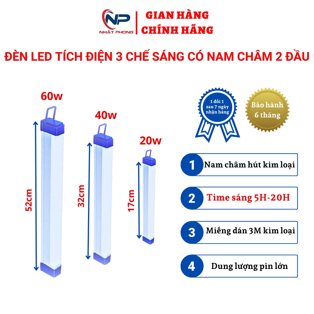 Đèn led siêu sáng, đèn tích điện mini  NHATPHONGSOLAR Đèn Học Trang trí Phòng 20W,40W, 60W, 3 chế độ sáng mạnh, sáng yếu, sáng nhấp nháy khẩn cấp, có nam châm 2 đầu,2 miếng băng keo kim loại, dây cáp sạc usb BH 6 tháng