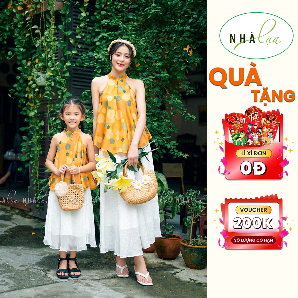 Set yếm lụa mẹ và bé gái Cát Tường - Áo yếm lụa, chân váy trắng xòe dài nổi bật Nhà Lụa YCT01