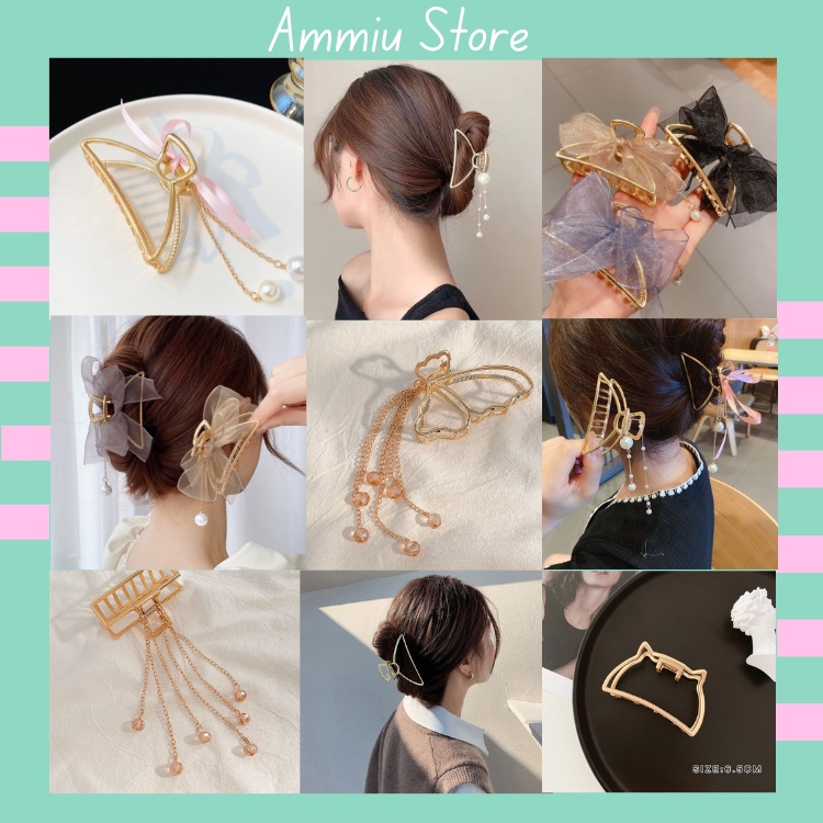 Kẹp tóc càng cua kim loại đính thêm nơ và dây dài có hạt Hàn Quốc xinh xắn tạo đa dạng kiểu tóc năng động Ammiu KT2072