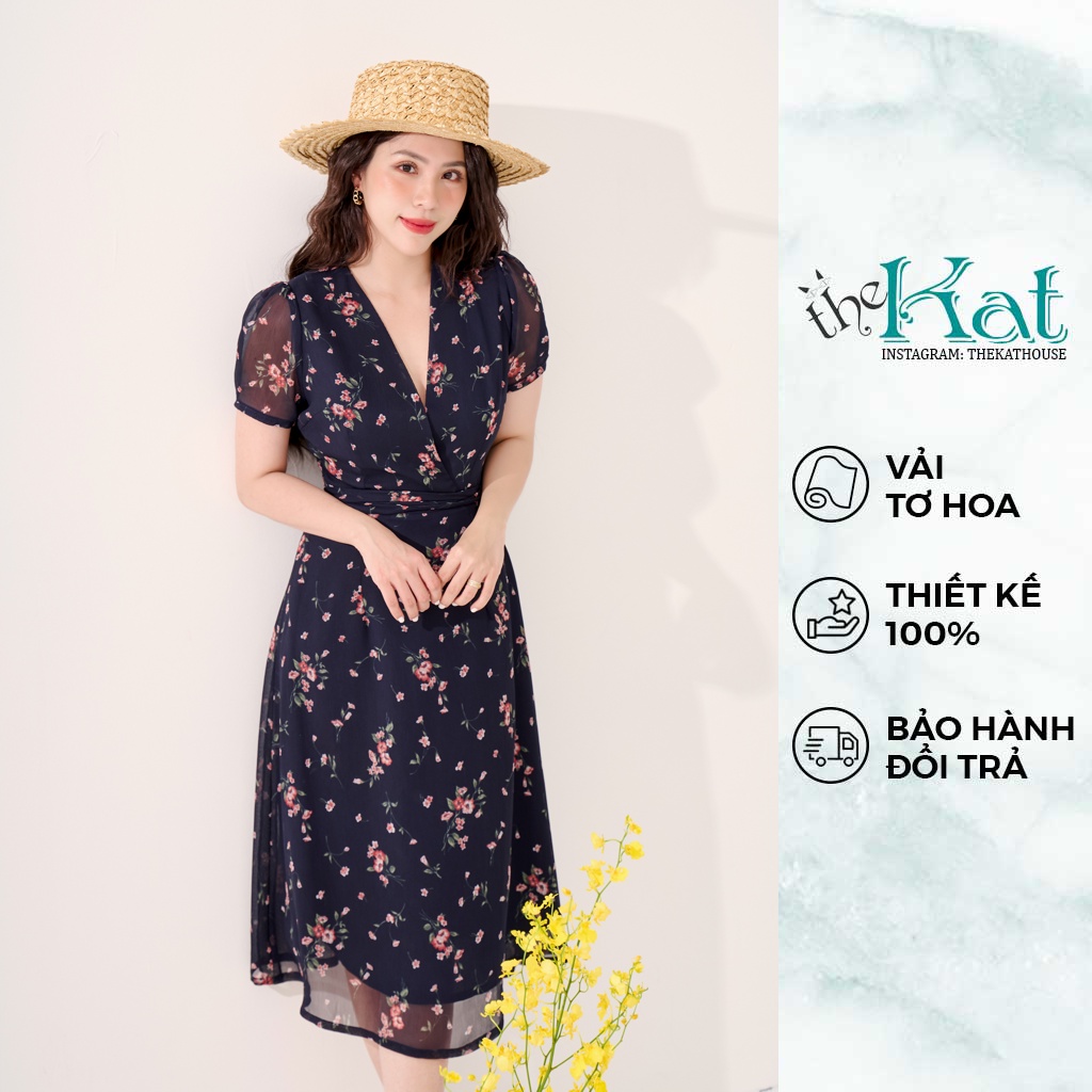 Đầm Tơ Hoa Cổ V Cột Nơ Eo Ở Sau The Kat House, chất vải mềm mịn, vải tơ siêu nhẹ, hoạ tiết hoa xinh xắn thanh lịch