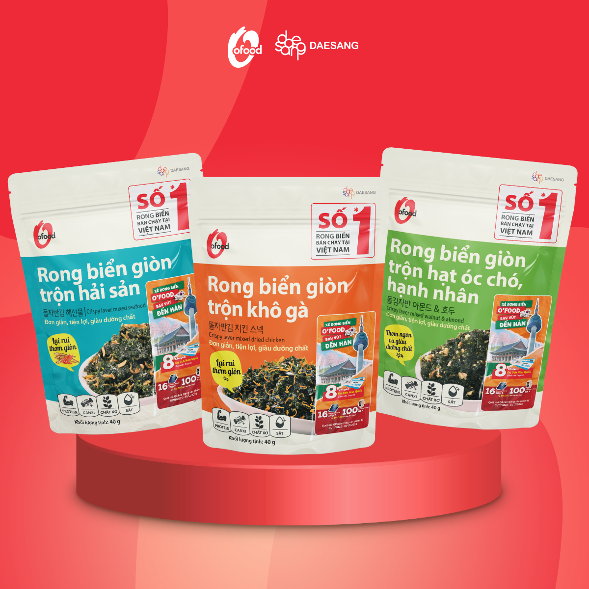 Lucky Draw Rong biển giòn trộn khô gà hải sản hạt óc chó hạnh nhân OFood 40g - Cơ hội trúng chuyến du lịch Hàn Quốc