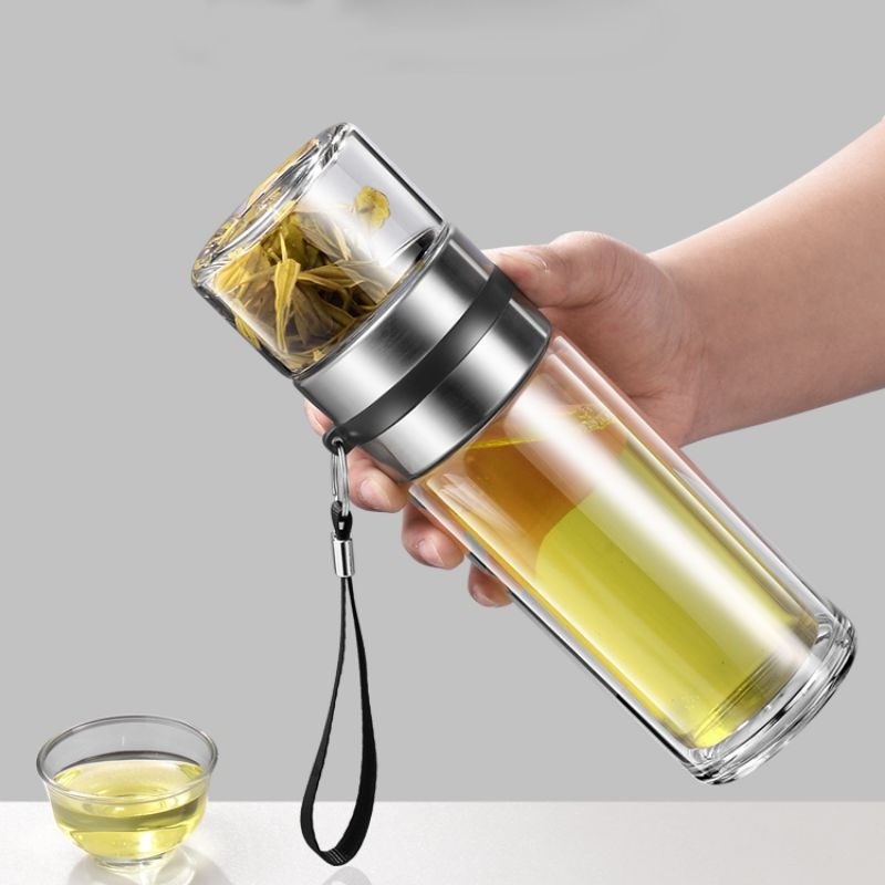 Bình pha trà úp ngược thủy tinh borosilicate 2 lớp cách nhiệt 450ml có lõi lọc inox 304 kèm quai xách tiện lợi