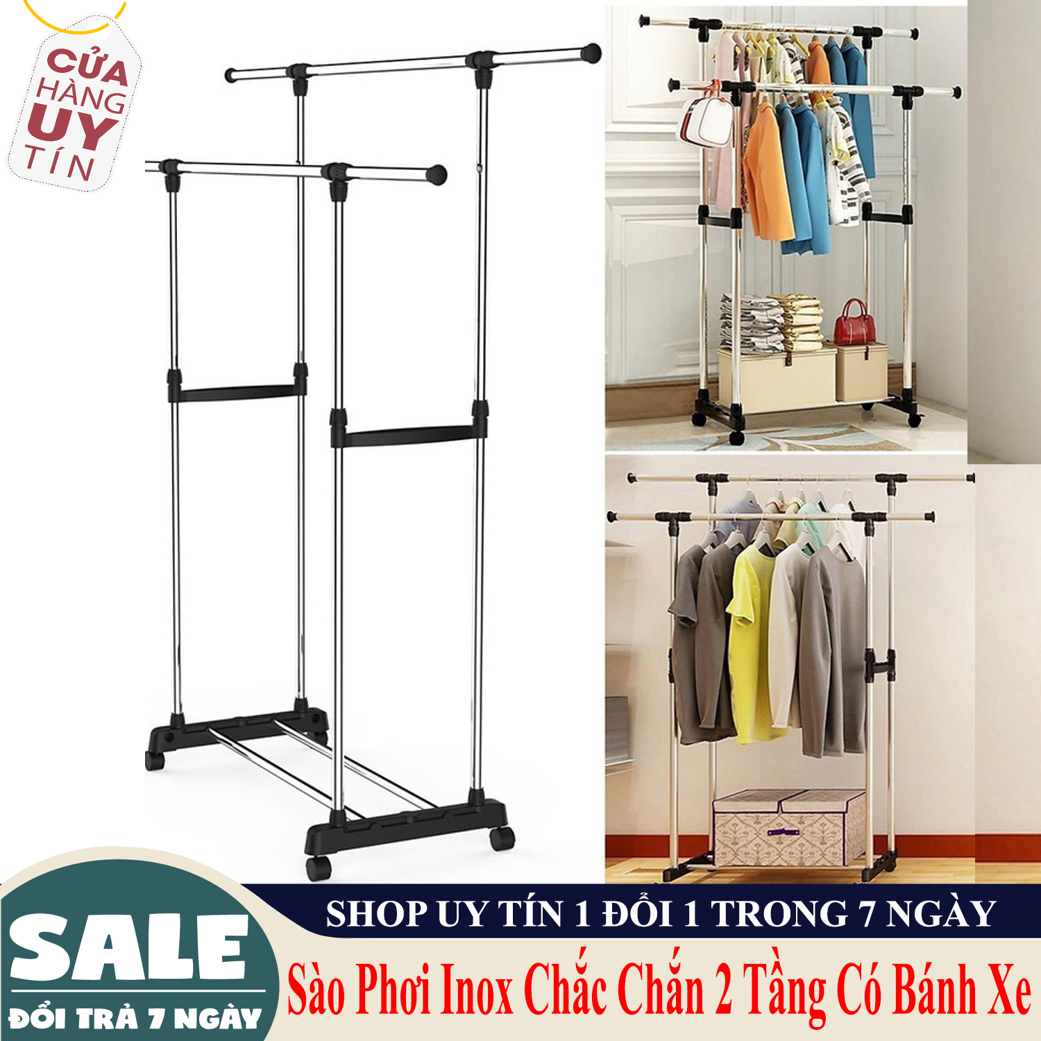Giàn Phơi Đôi Lắp Ráp 2 tầng Inox Cao Cấp SH250iv ,  cây treo quần áo inox, sào phơi quần áo thông minh - Giàn phơi đôi - kệ treo quần áo inox 2 tầng thông minh có bánh xe tiện lợi, cây treo quần áo