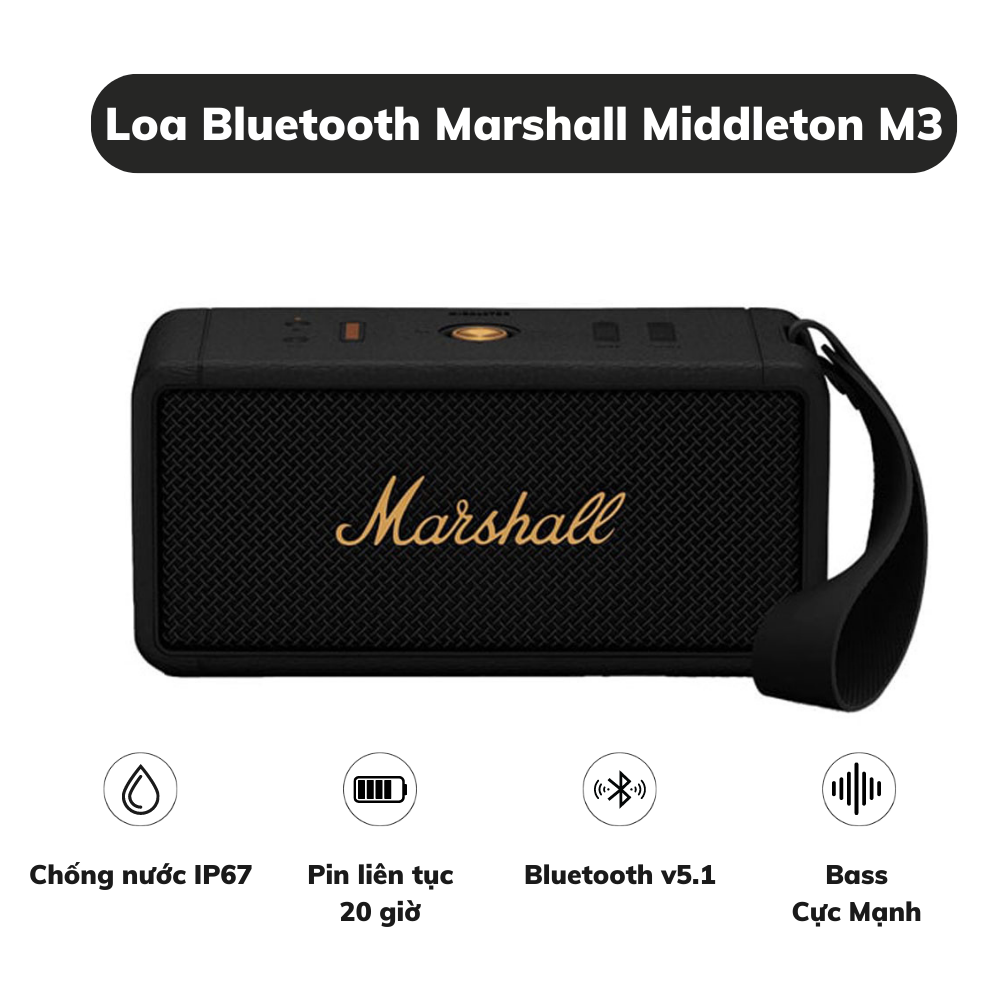 Loa Marshall Middleton M3, Công nghệ True Stereophonic Âm Thanh Nổi Đa Hướng, Bass/Treble Uy Lực, Công Suất 60W, Kháng Nước IP7, Kết Nối Bluetooth 5.1, USB TYPE C, AUX 3.5mm, Sử Dụng Liên Tục 20h - Bảo Hành Uy Tín