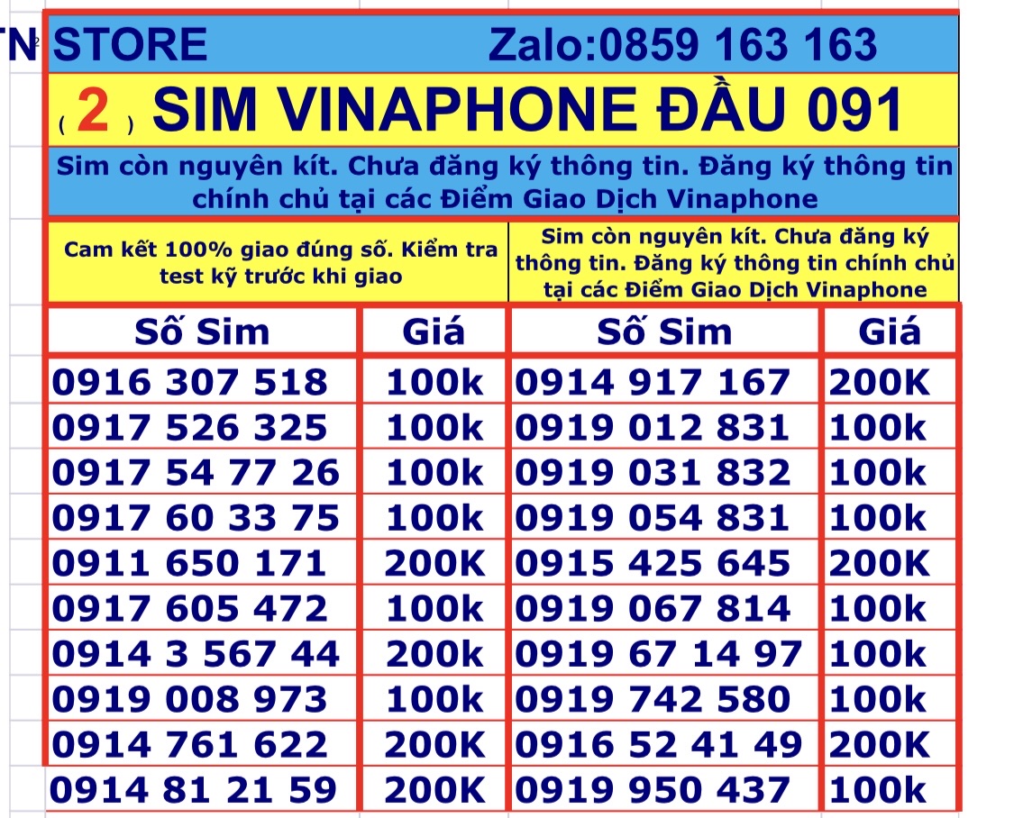Sim vinaphone số đẹp đầu số 091 - sim vina trả trước
