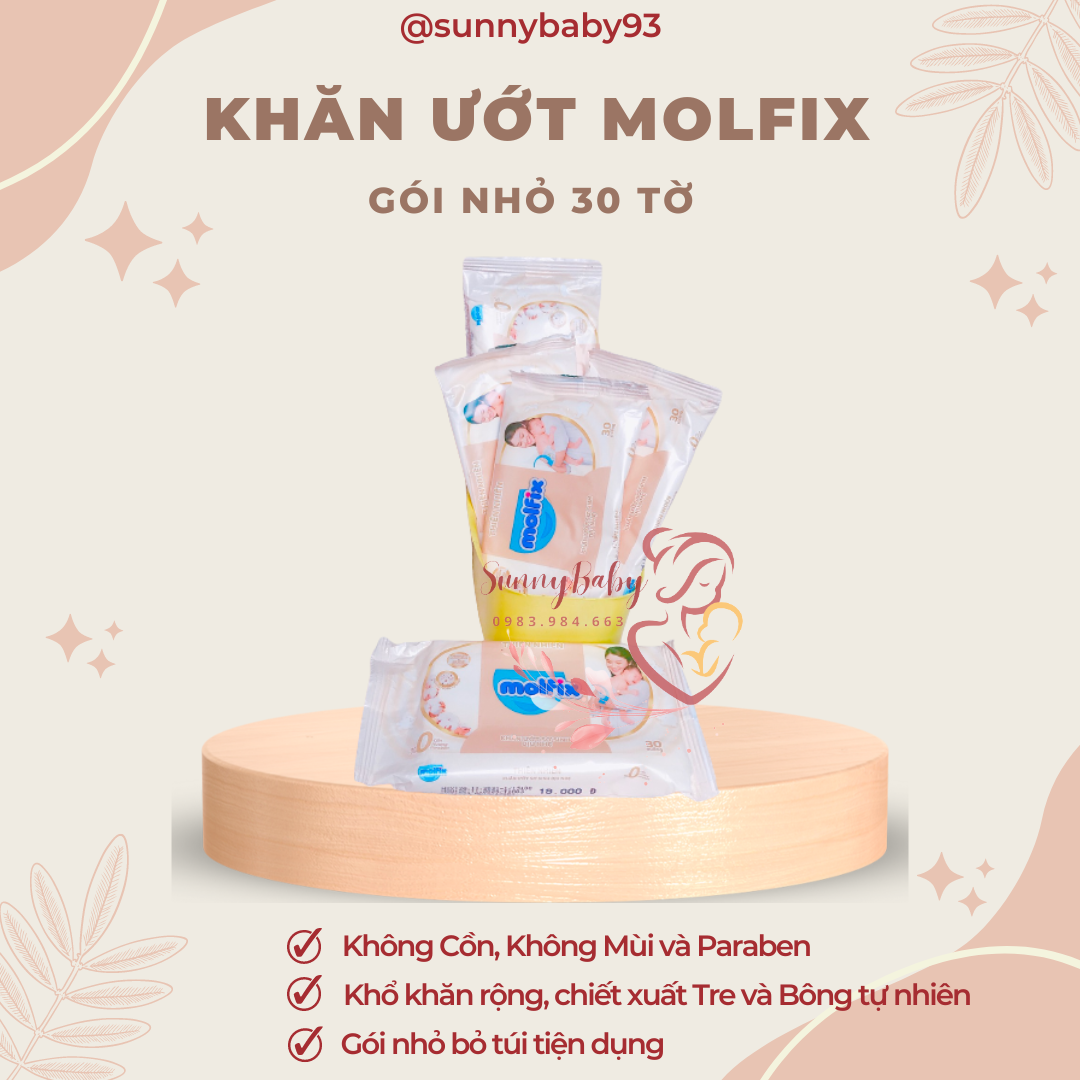 Khăn ướt trẻ em molfix, khăn lau bỏ túi cho bé từ thiên nhiên, không paraben không mùi không cồn gói 30 tờ
