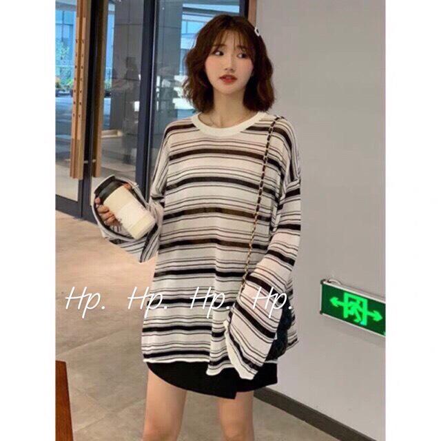 Phương Linh Luxury 1688 Áo Nữ Kẻ Phông Dáng Thụng Tay Dài Thời Trang (Trắng và Đen) 2020