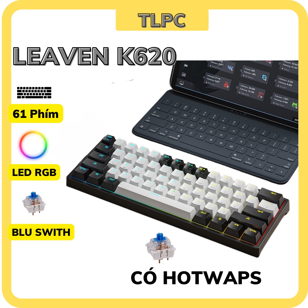 Bàn phím cơ gaming LEAVEN K620 Led RGB 61 phím blue swith có Hotwaps chơi game dùng văn phòng bảo hành 12 tháng