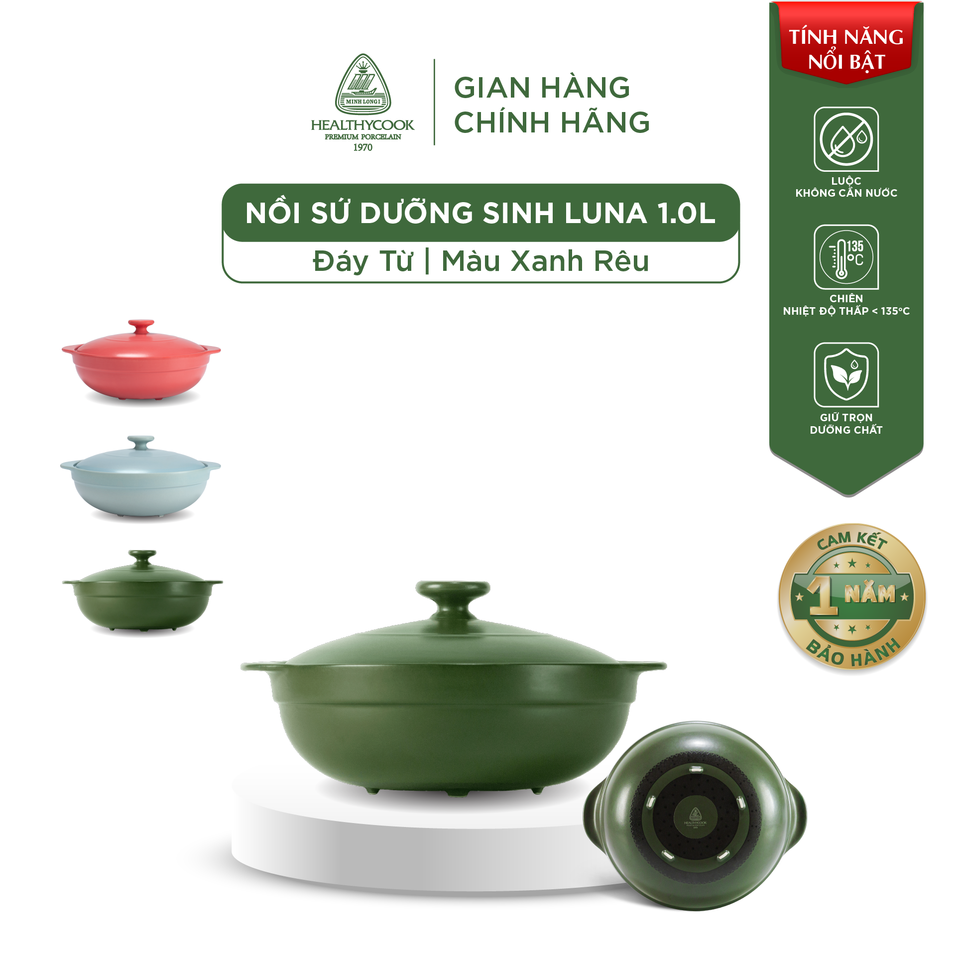 Nồi sứ dưỡng sinh Minh Long - Luna 1.0 L + Nắp - Dùng Cho Bếp Từ