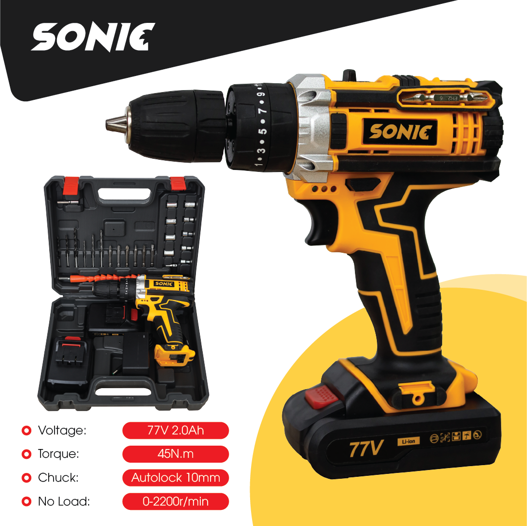 Máy Khoan Pin Sonic 77V Không Chổi Than Đầu Kẹp Kim Loại - Có Búa 3 Chức Năng - Máy Khoan Bê Tông, Khoan Tường, Khoan Sắt, Bắt Vít