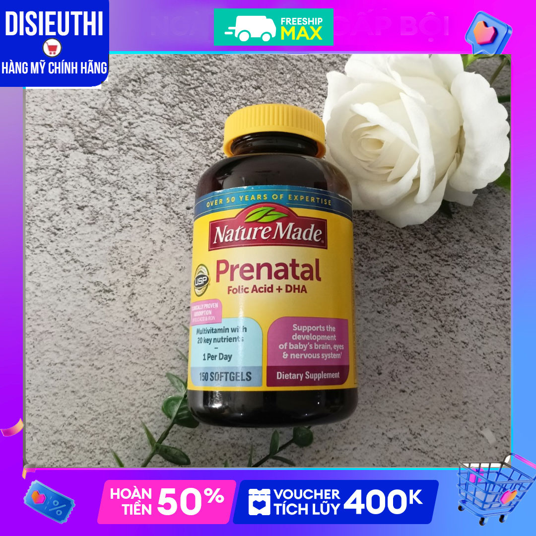 Viên uống Prenatal Multi +DHA Viên uống vitamin tổng hợp cho phụ nữ mang thai Prenatal Multi +DHA 150 viên được tổng hợp 23 loại vitamin, Nature Made Prenatal Multi + DHA, 150 Softgels