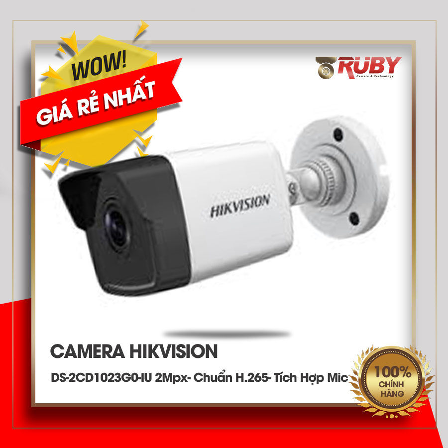 Camera IP DS-2CD1023G0-IU 2Mpx- Chuẩn H.265- Tích Hợp Mic