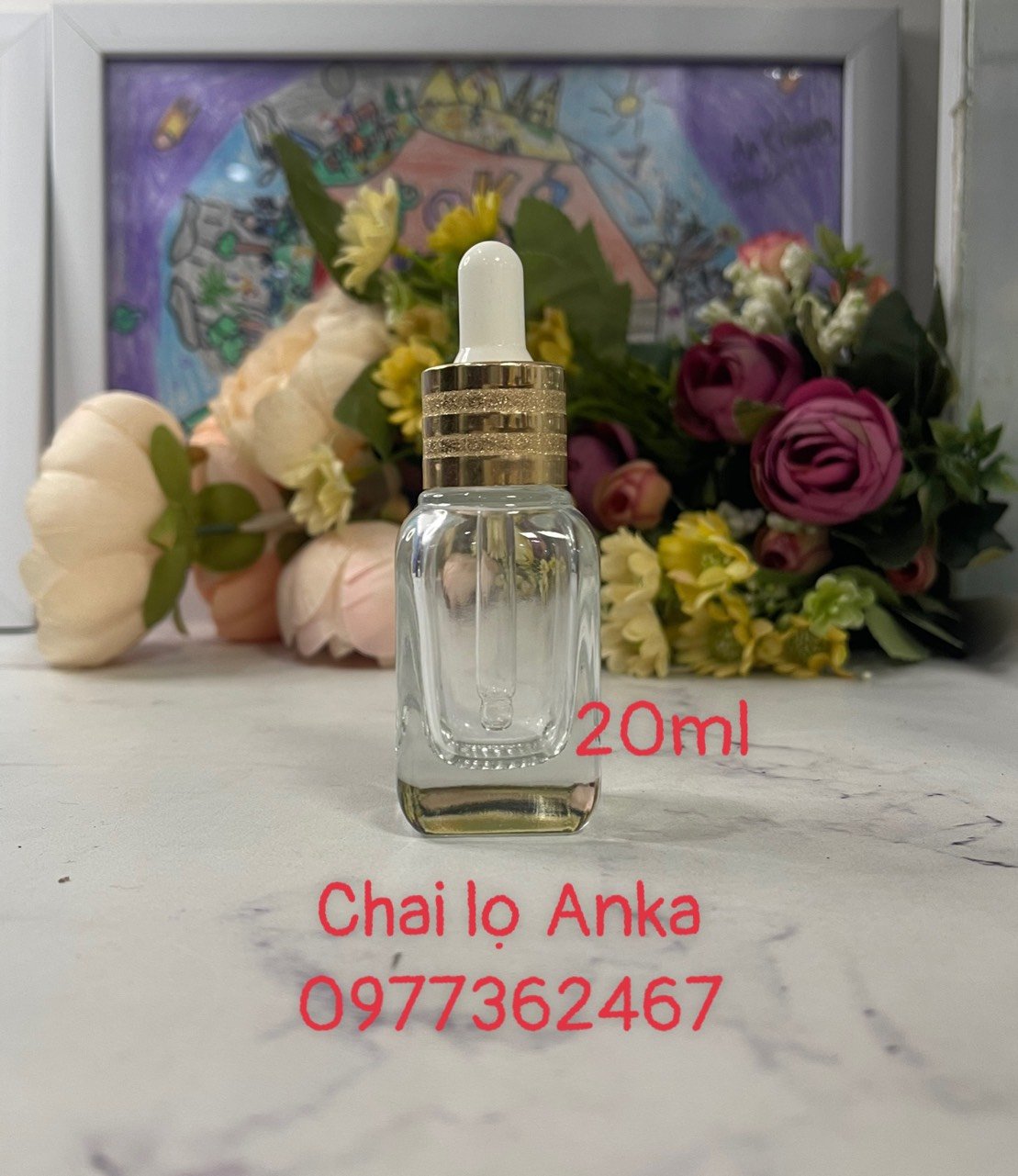 Chai thủy tinh serum, chai lọ thủy tinh vuông 20ml khoen nhũ vàng