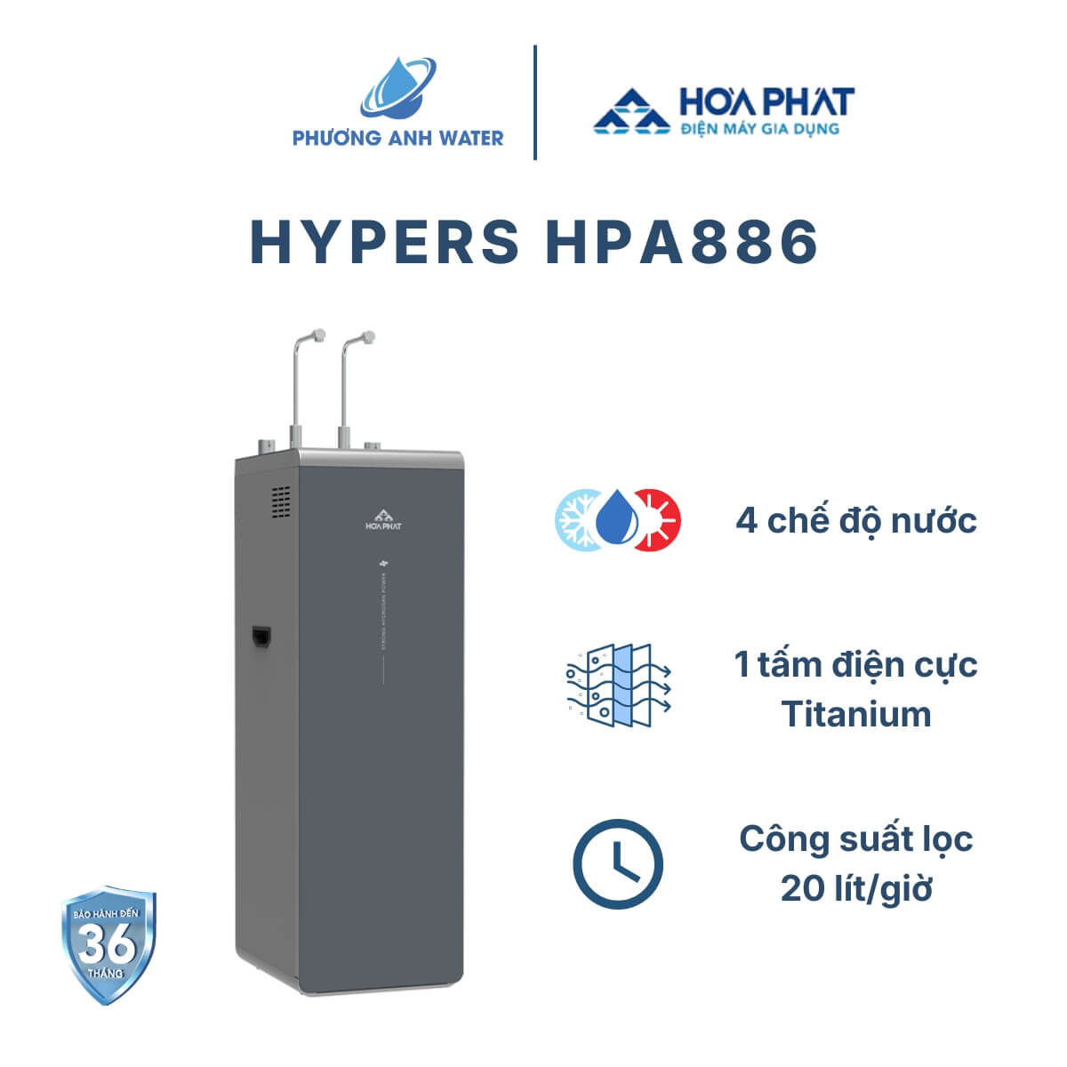 Máy lọc nước ION Kiềm Hòa Phát HPA886 12 lõi lọc, 4 chế độ Nóng Lạnh Nguội Hydro-ION Kiềm, công nghệ điện phân có màng ngăn, công suất lọc 15 lít/giờ