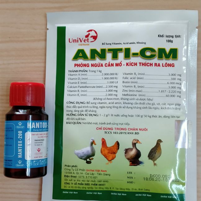mạc gà, sâu lông, thúi chân lông, tự cắn mổ hantox+ Anti CM