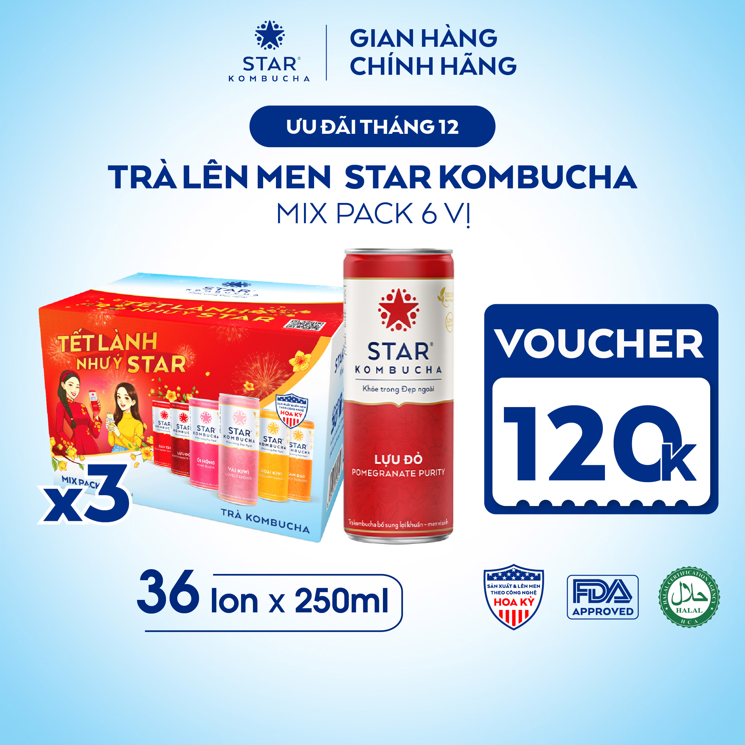  Combo 3 thùng 12 lon trà lên men STAR KOMBUCHA mix 6  vị Tết  36 lon x 250ml  