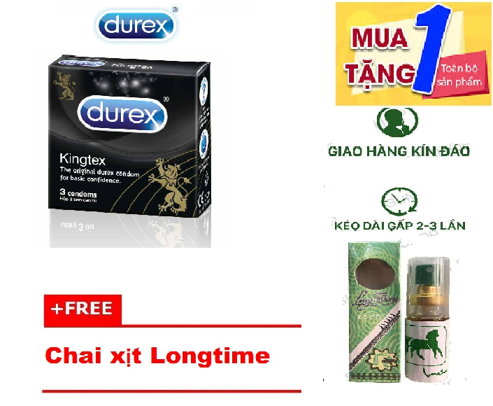 [HCM][ Mua 1 Tặng 1 ] Bao Cao Su Durex Kingtex Hộp 3 chiếc Tặng 1 Chai Xịt Longtime Kéo Dài Thời Gian - Che tên sp khi giao hàng