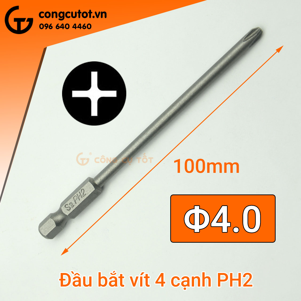 Đầu bắt vít 4 cạnh PH2 chuôi lục dài 100mm, 120mm