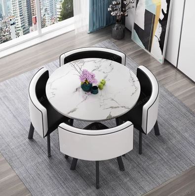 Bộ bàn ăn tròn 4 ghế da cao cấp, bàn ăn gỗ giả vân đá sang trọng