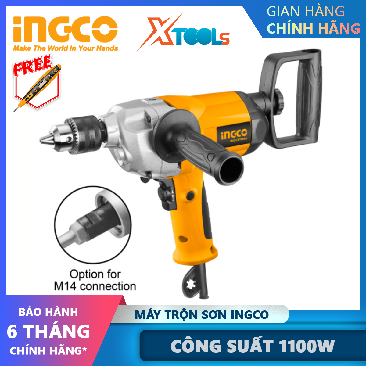 Máy trộn sơn INGCO MX11001-1| không kèm cần trộn sơn theo máy, nhông hộp số bằng nhôm | hợp kim kèm theo đầu khoan 13