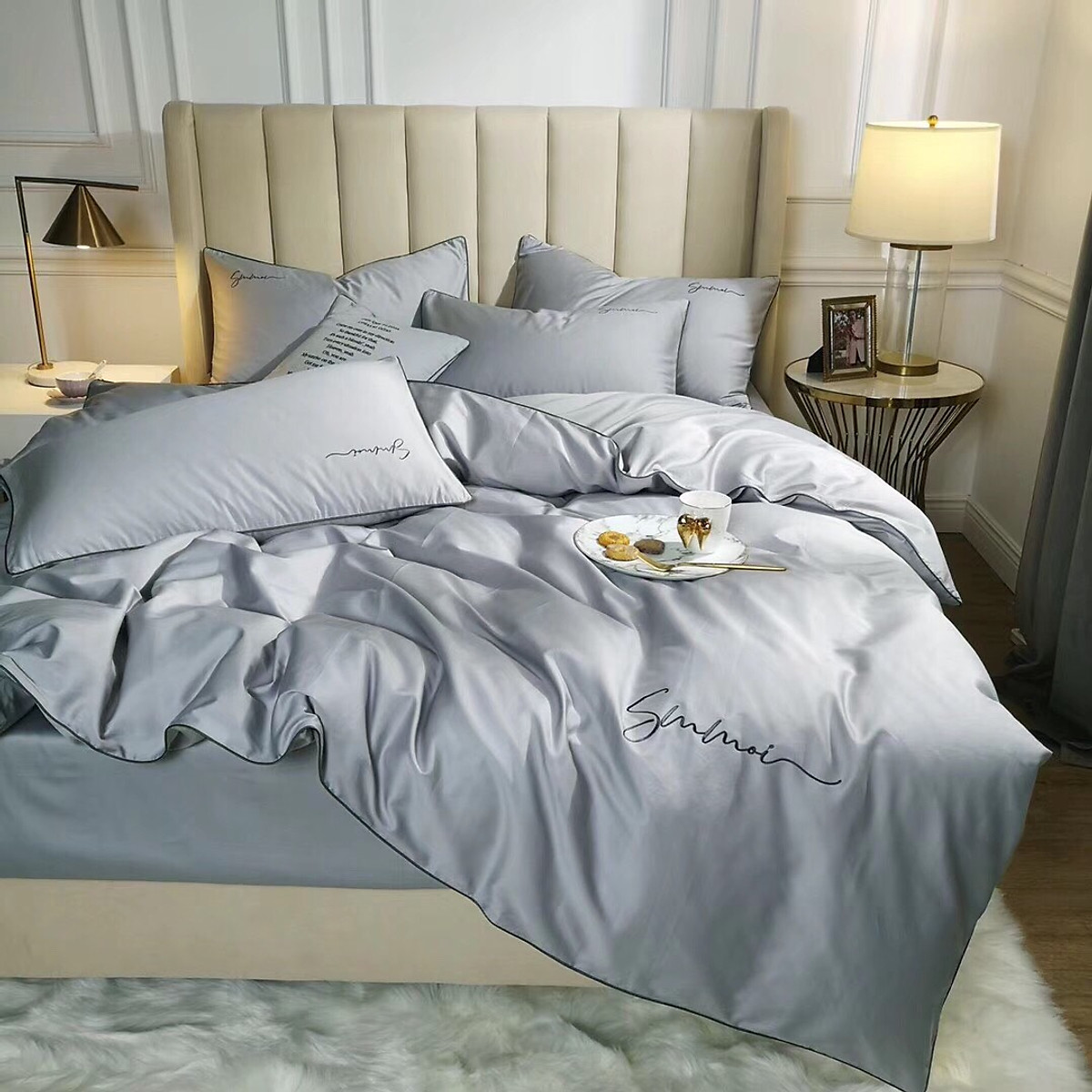 Bộ chăn ga gối tencel lụa cao cấp - ghi - 1,8 x 2m