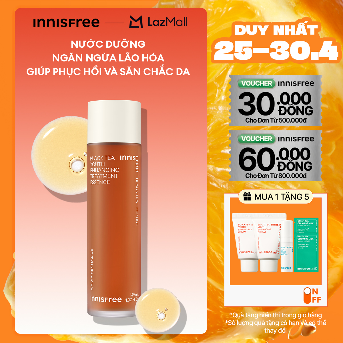 Nước dưỡng ngăn ngừa lão hóa từ trà đen INNISFREE Black tea Youth Enhancing Treatment Essence 145ml