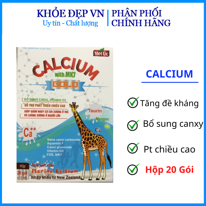 Canxi sữa Calcium with Mk7 Gold tăng chiều cao, chắc khỏe xương cho bé giúp bé ăn ngon ngủ ngon – Hộp 20 gói