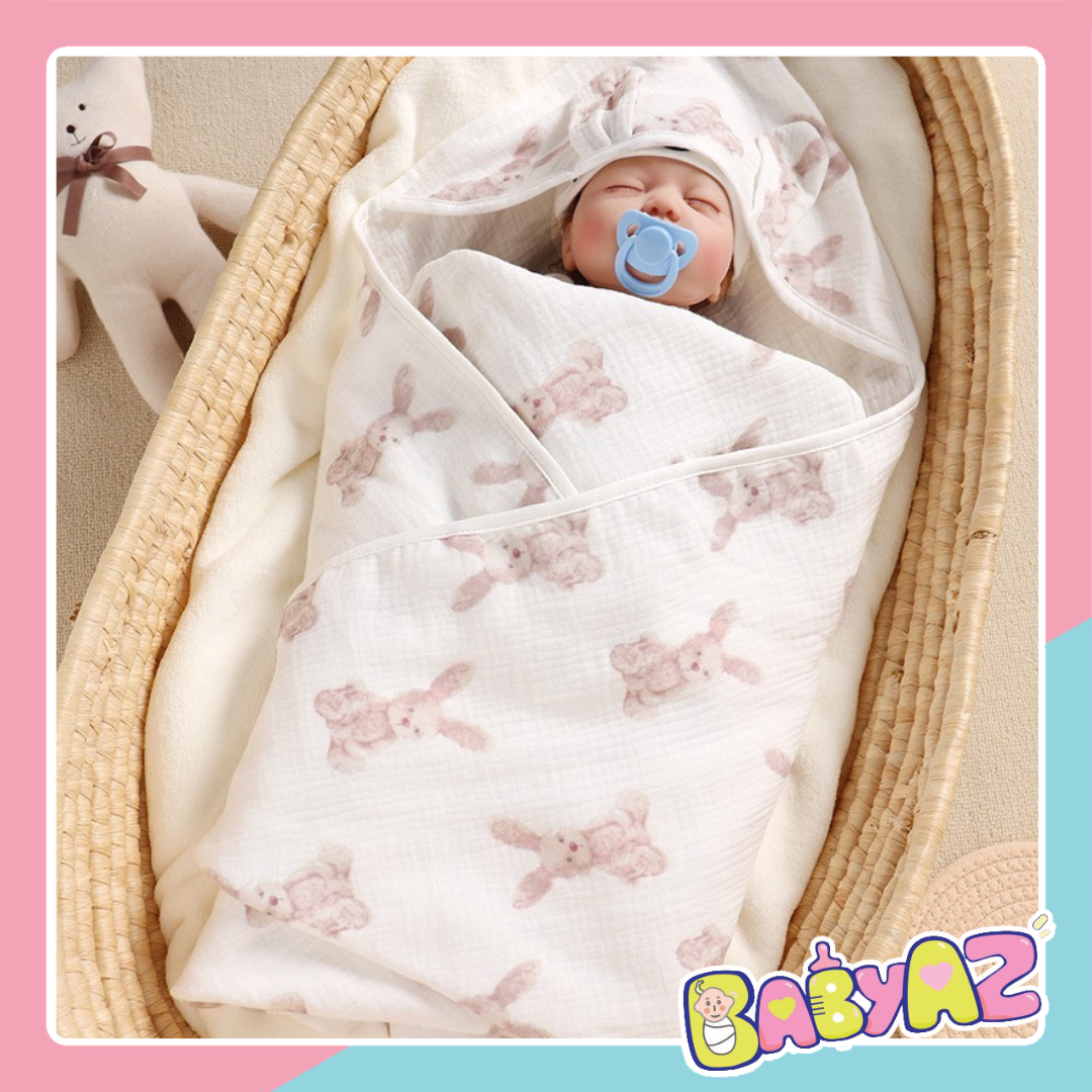 Chăn ủ, choàng ủ xô Muslin cao cấp 4 lớp có mũ, khăn quấn đa năng cho bé sơ sinh BabyAZ.