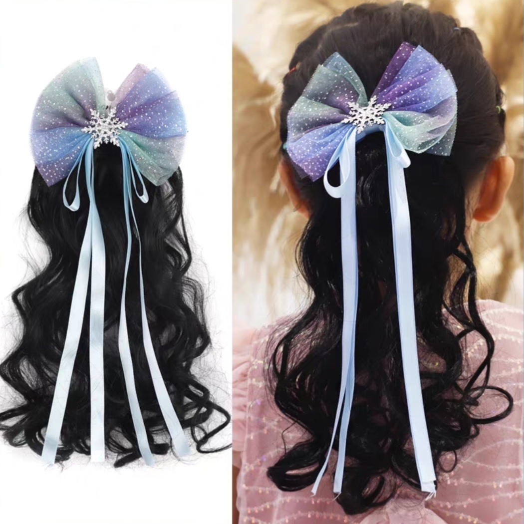 Kẹp tóc bé gái - kẹp tóc giả xoăn sóng dài gắn nơ xanh xinh xắn qiqishop
