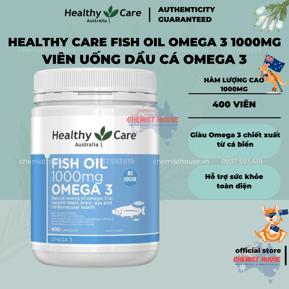 (Hàng Auth Có Bill) Dầu cá tự nhiên Fish Oil Omega 3 Healthy care hỗ trợ xương khớp sáng mắt đẹp da