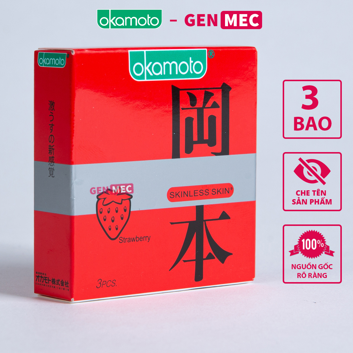Bao Cao Su Siêu Mỏng Okamoto - Nhiều GeL Bôi Trơn - BCS Okamoto Đỏ Hương Dâu Hộp 03 bao - Genmec