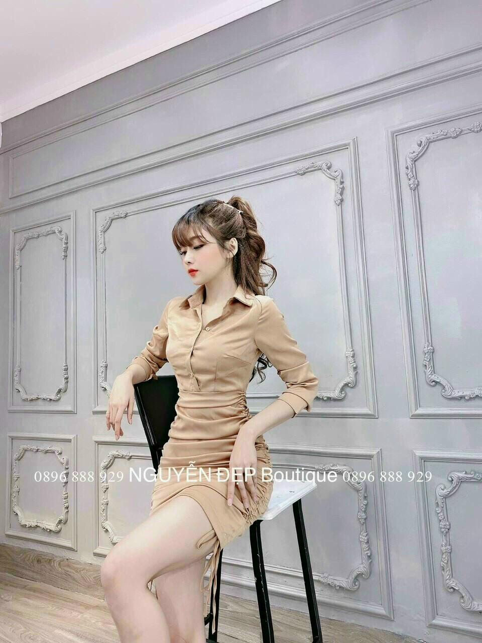 Đầm nhún cổ sơmi cài nút thật có dây kéo