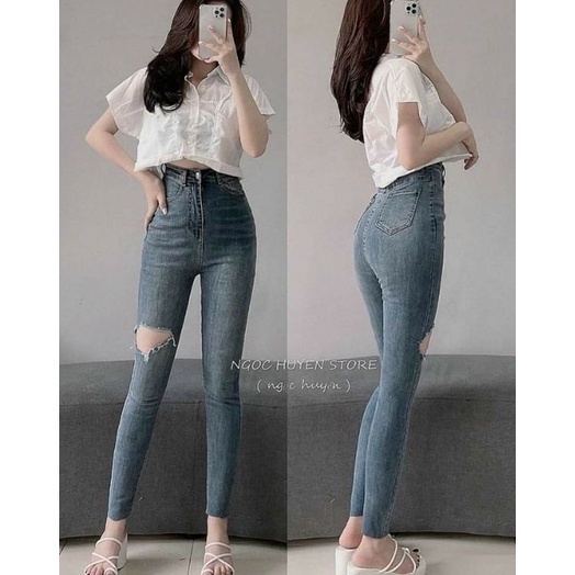 Quần jean nữ dáng ôm cạp cao rách gối - quần bò nữ lưng cao siêu hách dáng có bigsize