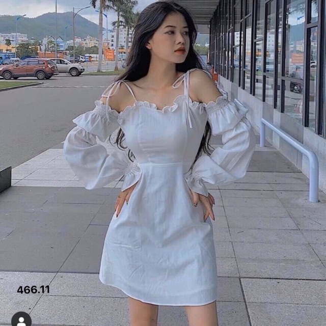 Đầm ngắn 2 dây cột vai tay bo ống loe dutiec34