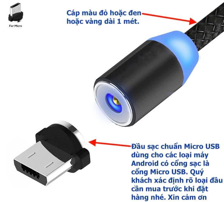 CÁP SẠC NAM CHÂM ĐẦU MICRO CHO ANDROID CÓ ĐÈN LED SIÊU TIỆN LỢI
