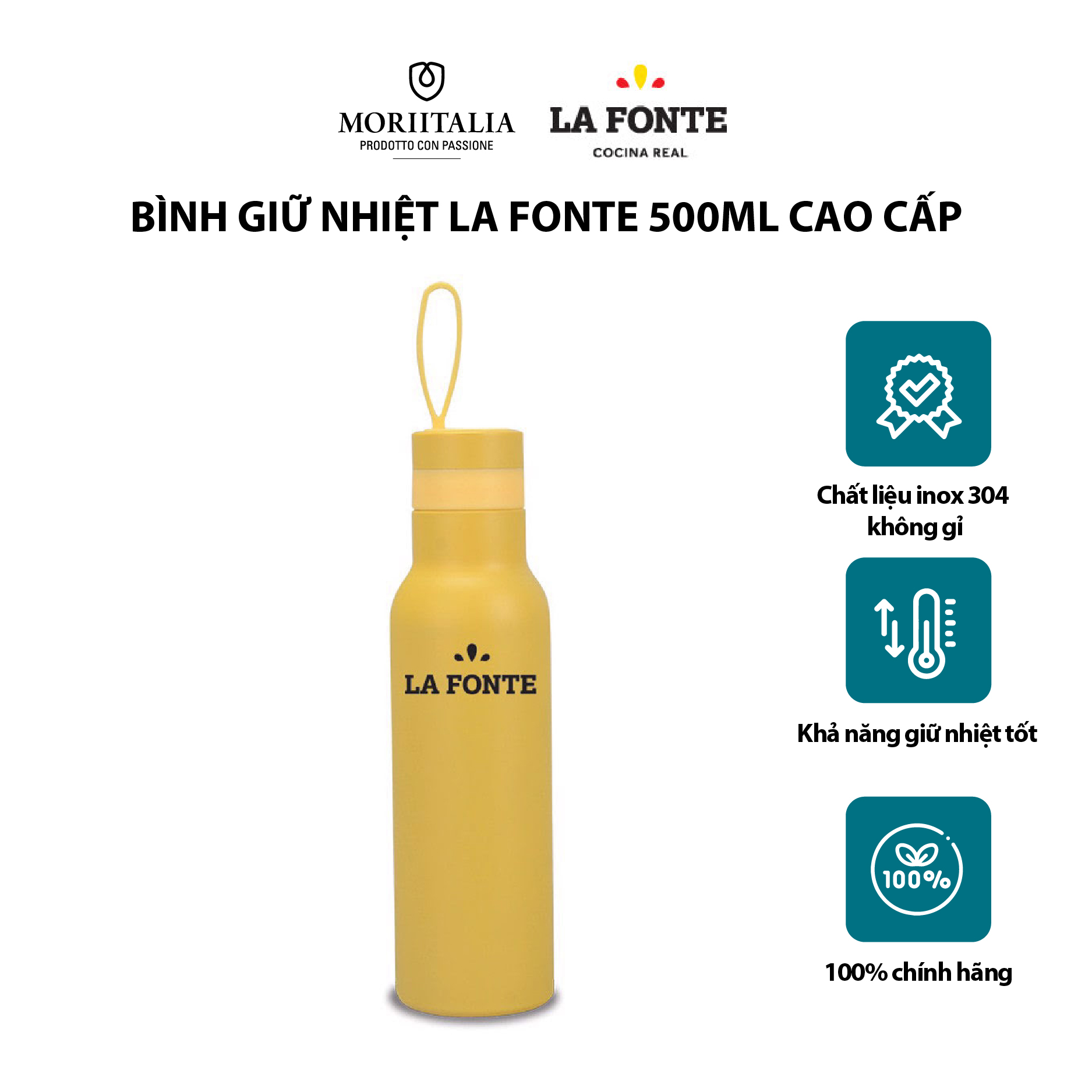 Bình giữ nhiệt La Fonte màu vàng 500ml cao cấp Moriitalia 3000754