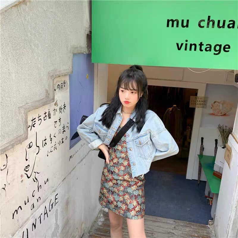 Set đầm 2s hoa + khoác crop jean ??