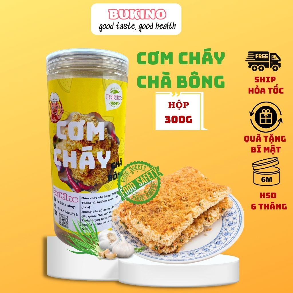 Cơm cháy chà bông xù BUKINO hộp 300gr, đồ ăn vặt cơm cháy lắc chà bông siêu ngon hấp dẫn an toàn vệ sinh thực phẩm Hà Nội