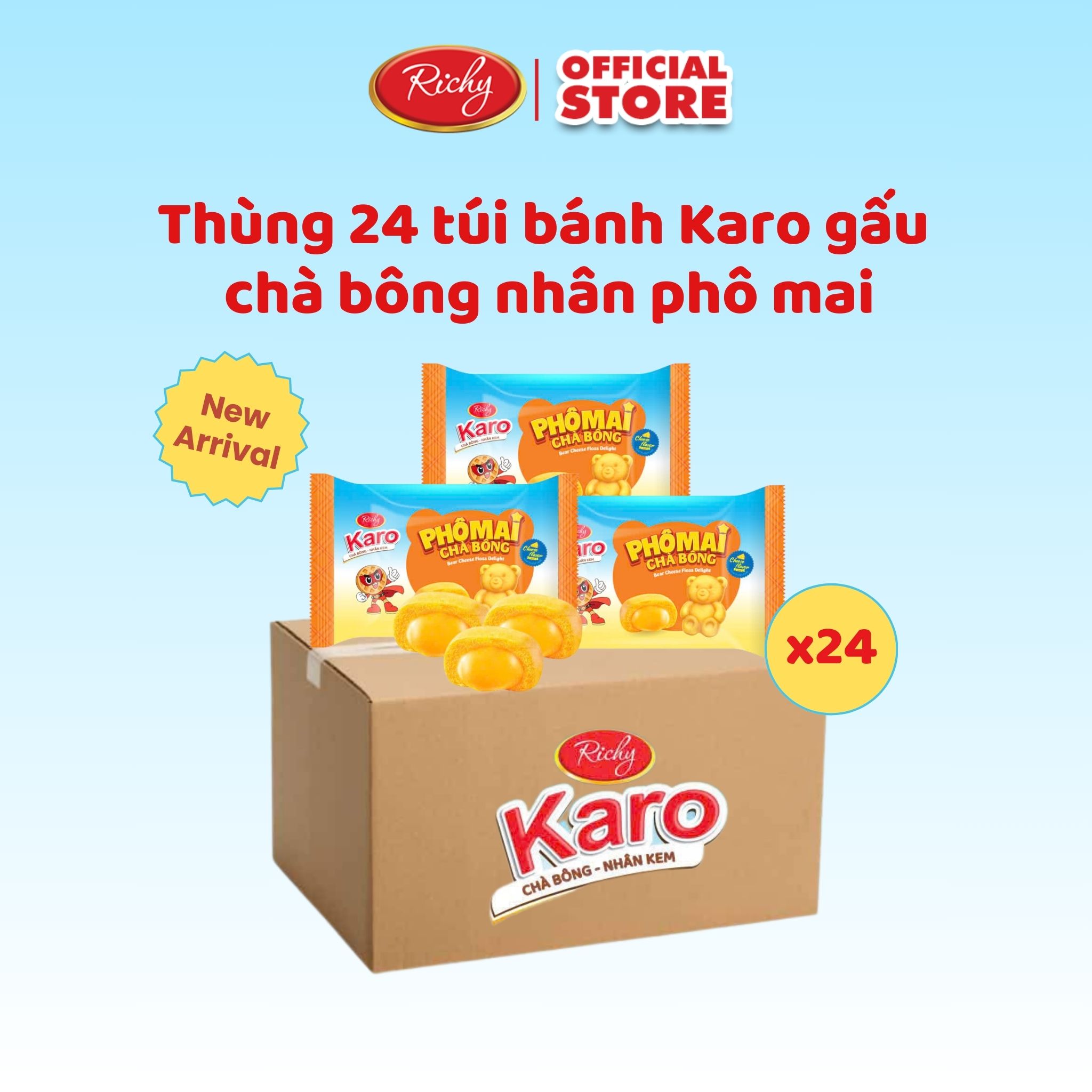 Combo 24 bịch bánh Karo Gấu chà bông nhân phô mai, Bánh ăn sáng dinh dưỡng, 48gr/bịch - Bánh kẹo Richy