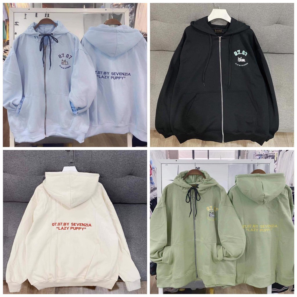 [HCM]Áo Khoác Hoodie Nỉ Thun Form Rộng Dây Kéo Thêu Hình Cún Puppy Unisex