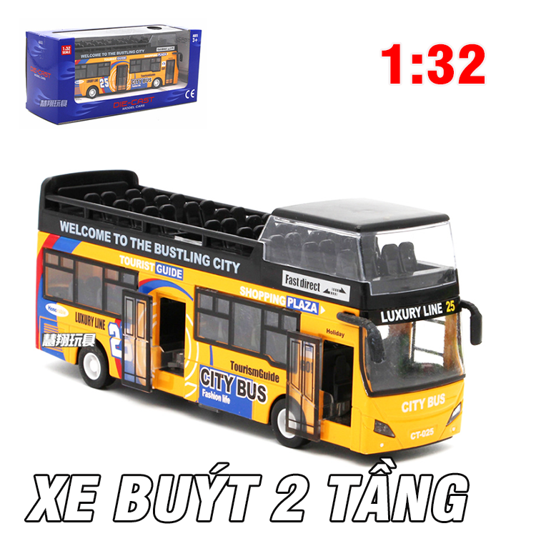 Xe buýt 2 tầng mui trần tỉ lệ 1:32 xe ô tô đồ chơi trẻ em có âm thanh và đèn