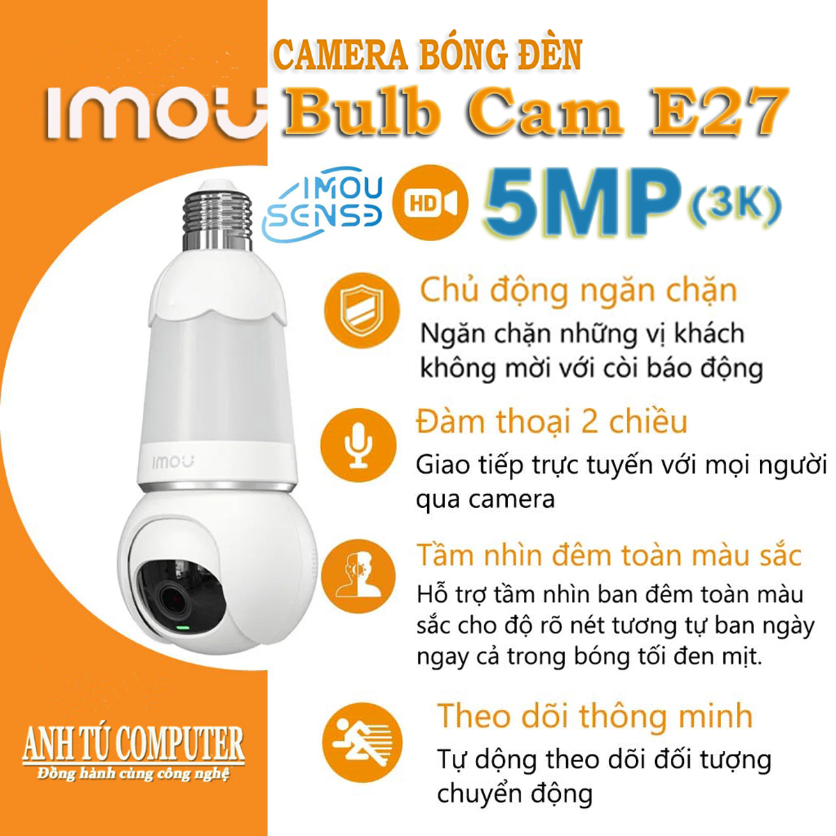 Camera WiFi bóng đèn 5MP 3K Imou Bulb Cam E27 IPC-S6DP-5M0WEB-E27