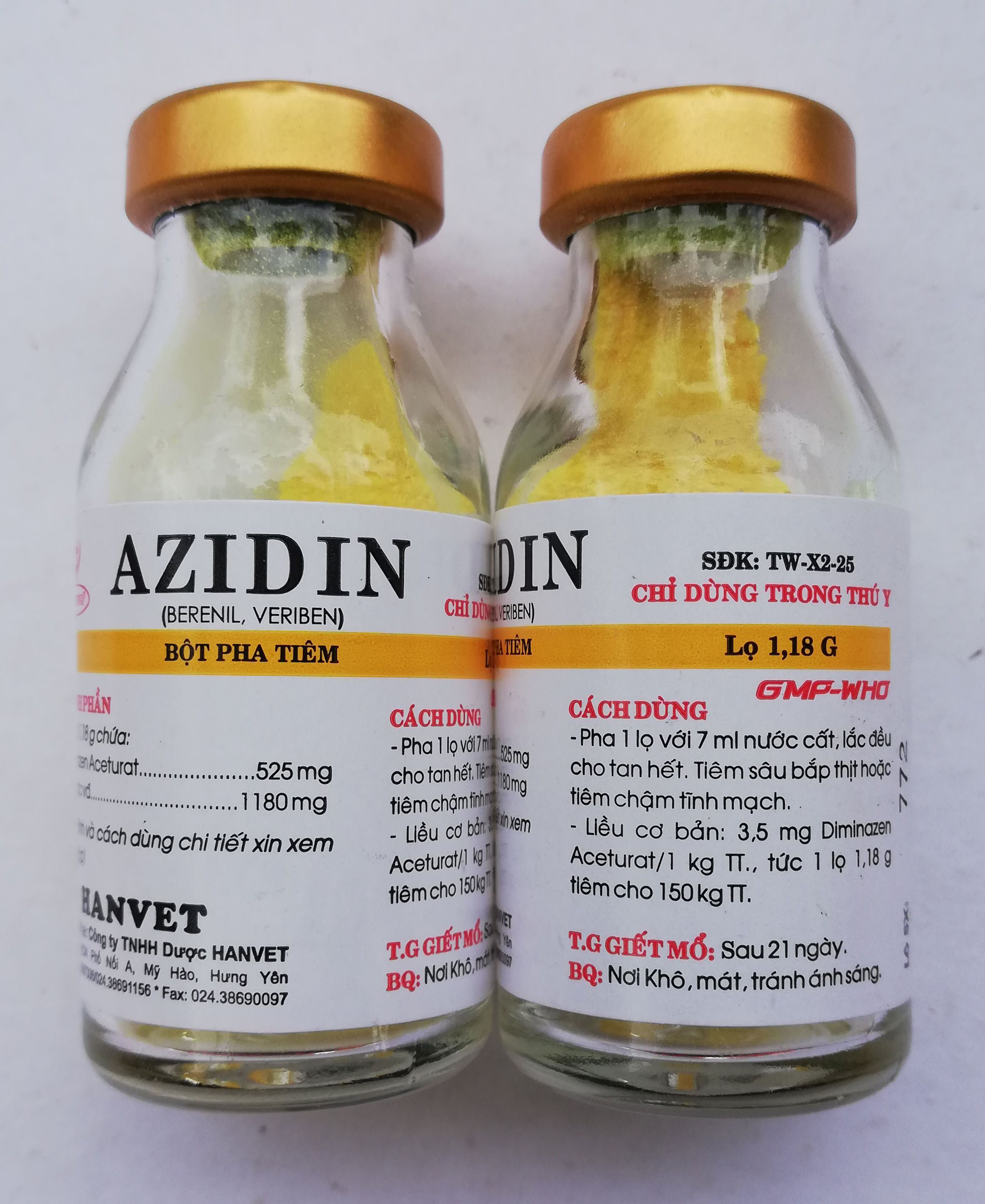 1 lọ AZIDIN 1,18 g  Dùng khi trâu, bò, ngựa, chó mắc ký sinh trùng đường máu, tiêm mao trùng
