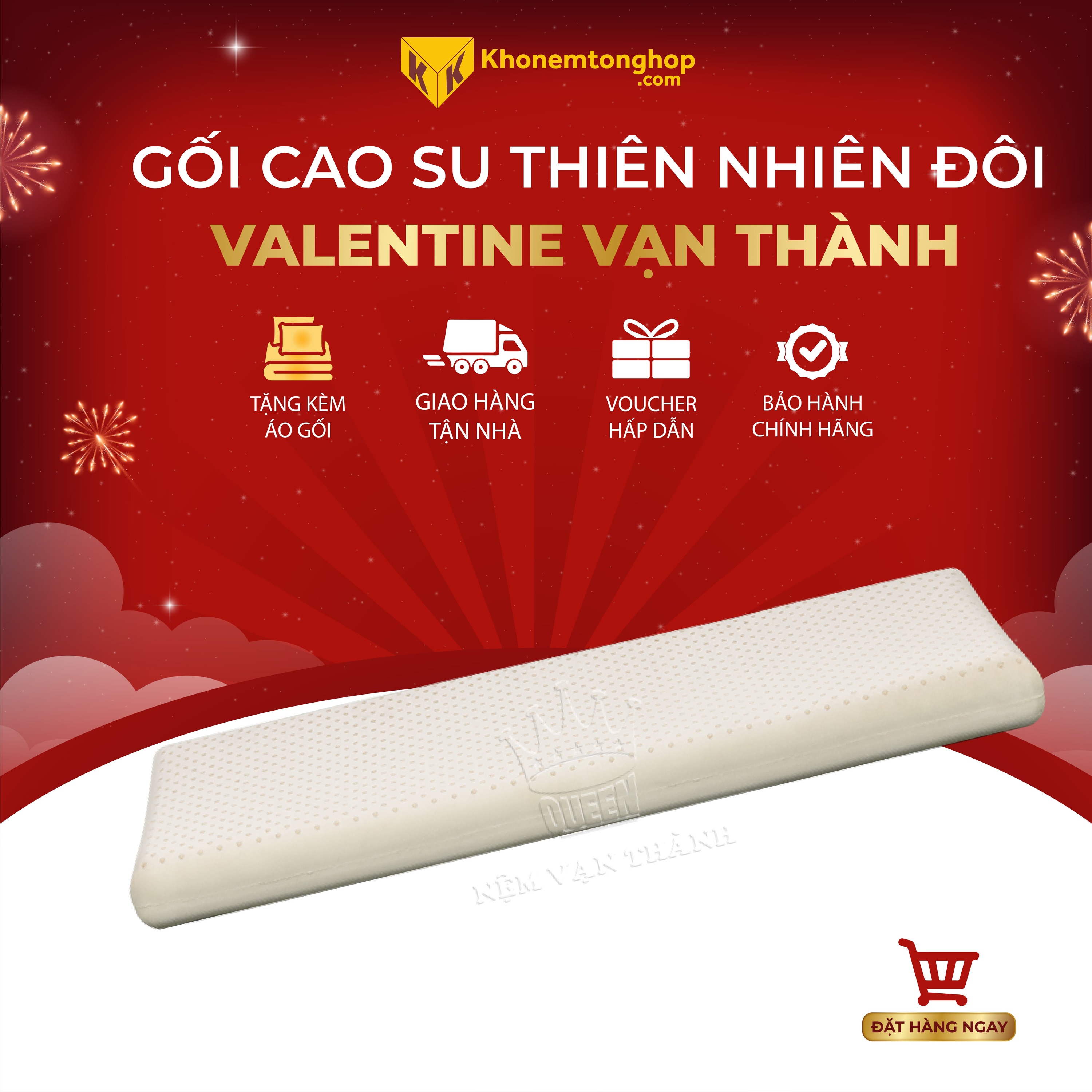 Gối đôi cao su Valentine Vạn Thành dành cho các cặp đôi - 100% từ cao su thiên nhiên tạo sự thư giãn, thông thoáng, dễ chịu - Tặng kèm áo gối
