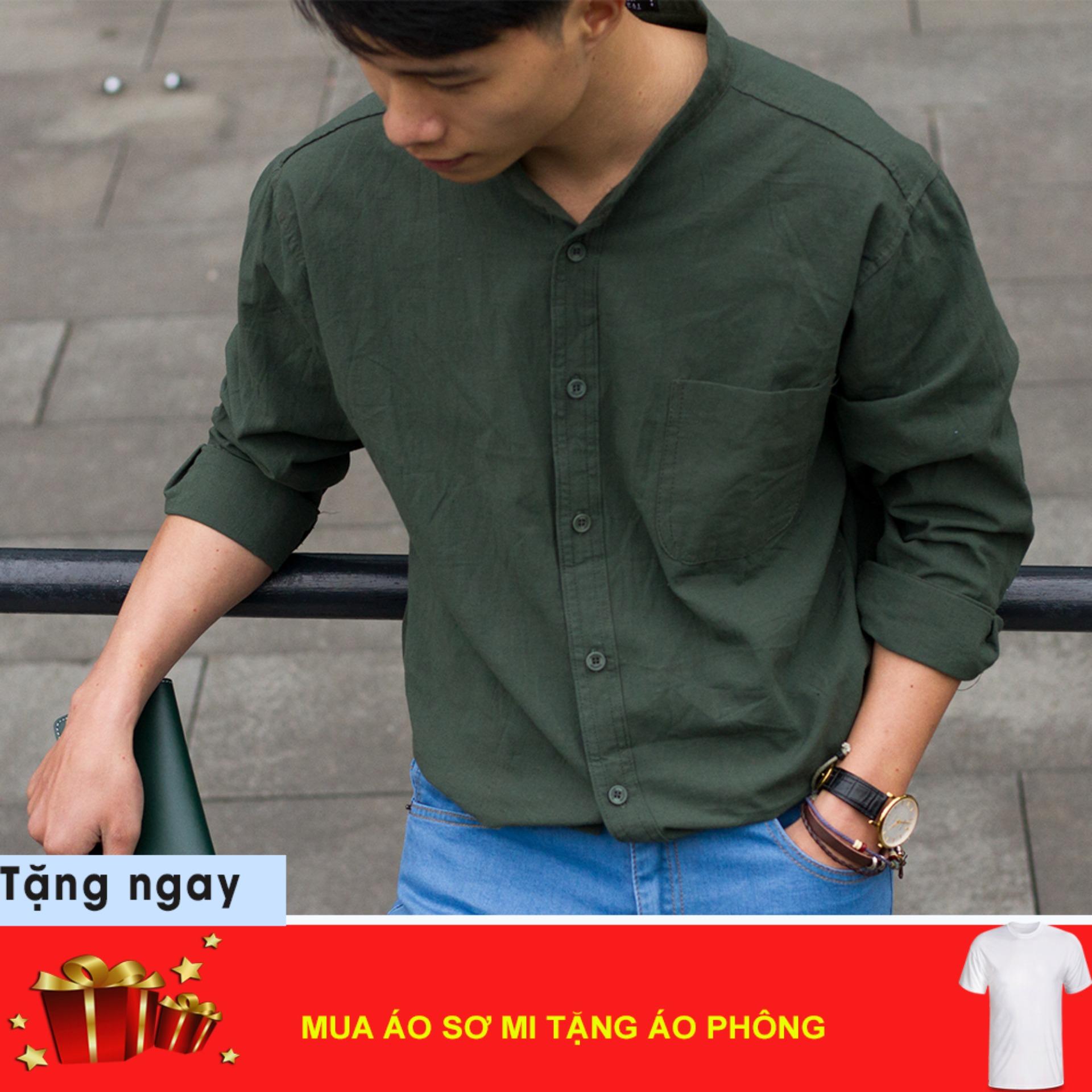 (Ảnh thật ) Áo Sơ Mi Cổ Tàu Nam, Áo Cổ Tàu Thời Trang Cao Cấp Mando - ACT01 (Xanh Rêu)