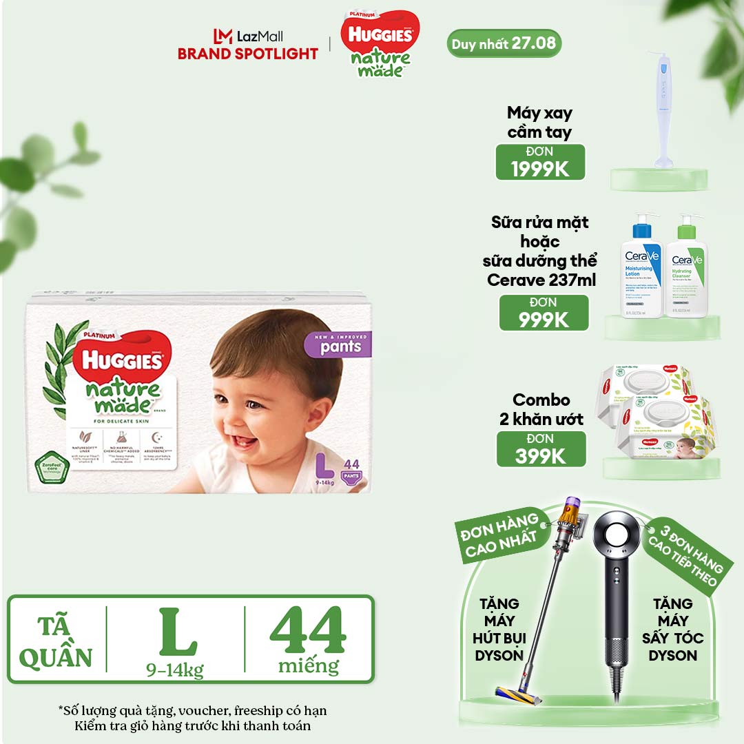[CHỈ 27.8 GIẢM THÊM 40K] Tã/Bỉm quần HUGGIES PLATINUM NatureMade L44 (9-14kg)-Gói Jumbo 44 miếng