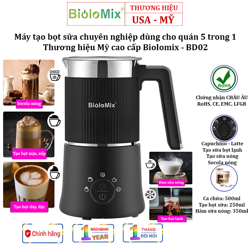 Máy tạo bọt sữa chuyên nghiệp dùng cho quán 5 trong 1 - Thương hiệu Mỹ cao cấp Biolomix - BD02, Công suất 500W, 5 chế độ tạo bọt