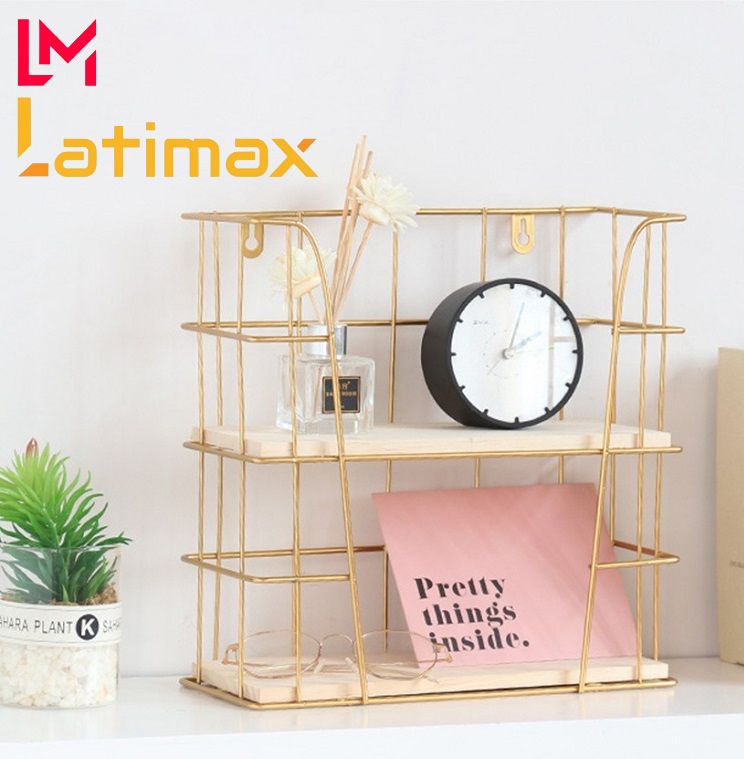 Kệ để đồ đa năng 2 tầng đế gỗ khung kim loại sơn tĩnh điện vàng phong cách vintage - Kệ đựng trang sức, nước hoa, đồng hồ, mỹ phẩm hữu ích