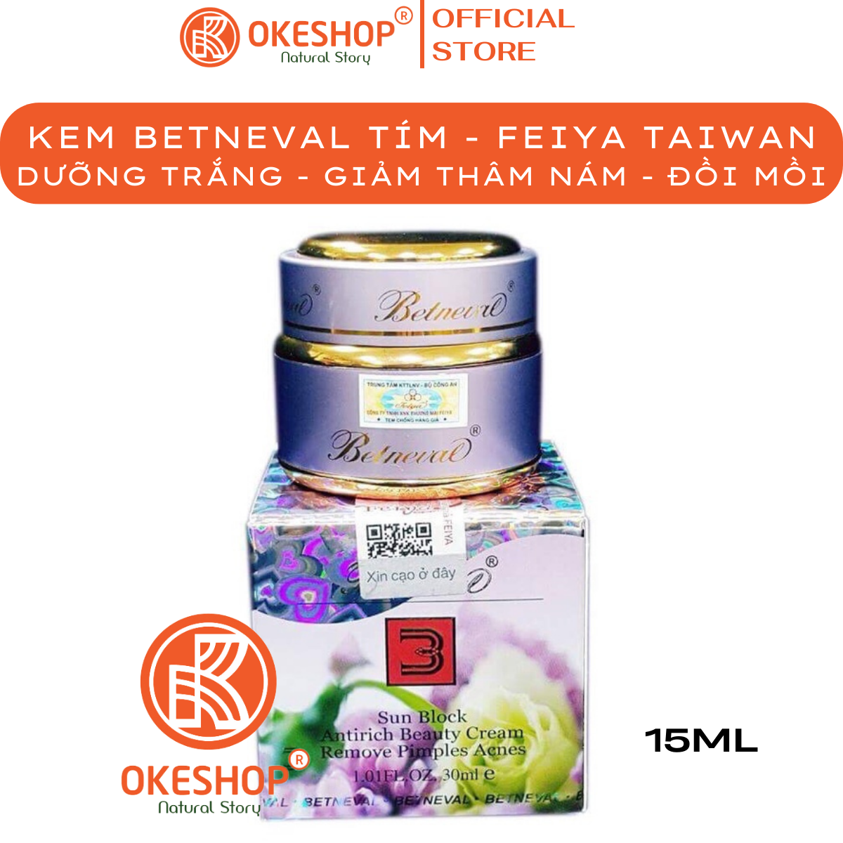 Kem BETNEVAL Tím 30g - Đài Loan - Dưỡng Trắng - Xóa Thâm Nám - Tàn Nhang - Đồi Mồi - Làm Đều Màu Da - Giảm Mụn